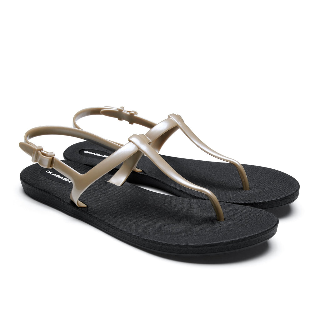 Journey Slim Women's T-Strap Sandals - Black/Aged Gold - Okabashi