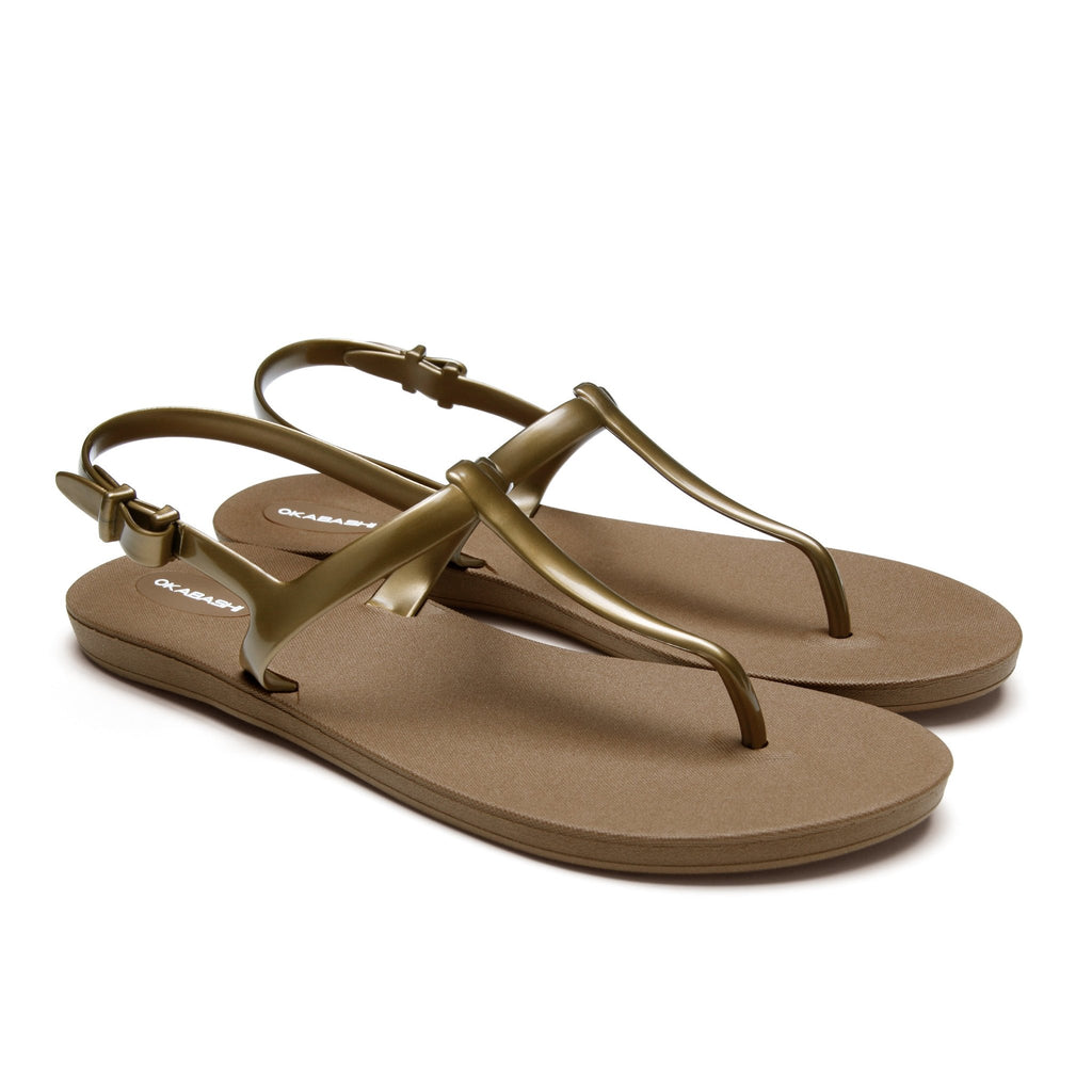 Journey Slim Women's T-Strap Sandals - Toffee/Gold - Okabashi