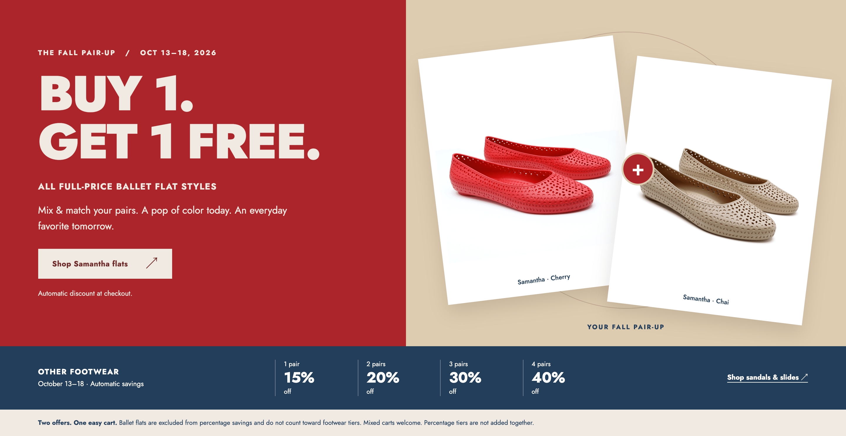 The Fall Pair-Up, Oct 13-18: Buy 1, Get 1 Free on all full-price ballet flat styles. Other footwear: 1 pair 15% off, 2 pairs 20%, 3 pairs 30%, 4 pairs 40%.